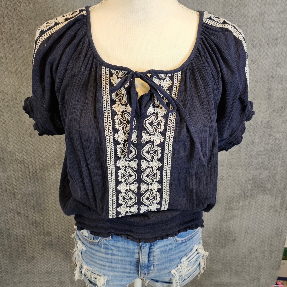 Tommy Hilfiger Womens Navy Blue Embroidered Cotton Gauze Peasant Blouse XL